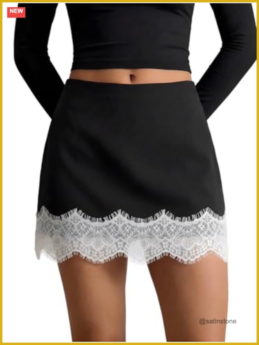 High Waisted Bodycon Mini Skirt with Lace Trim Asymmetrical Hem